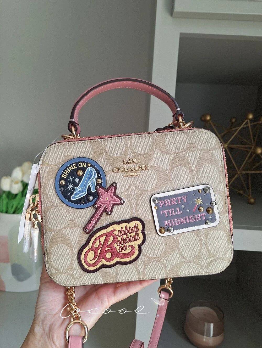 NWT Disney x Coach Cinderella Box Crossbody Bag Signature Canvas Khaki Pink Rare